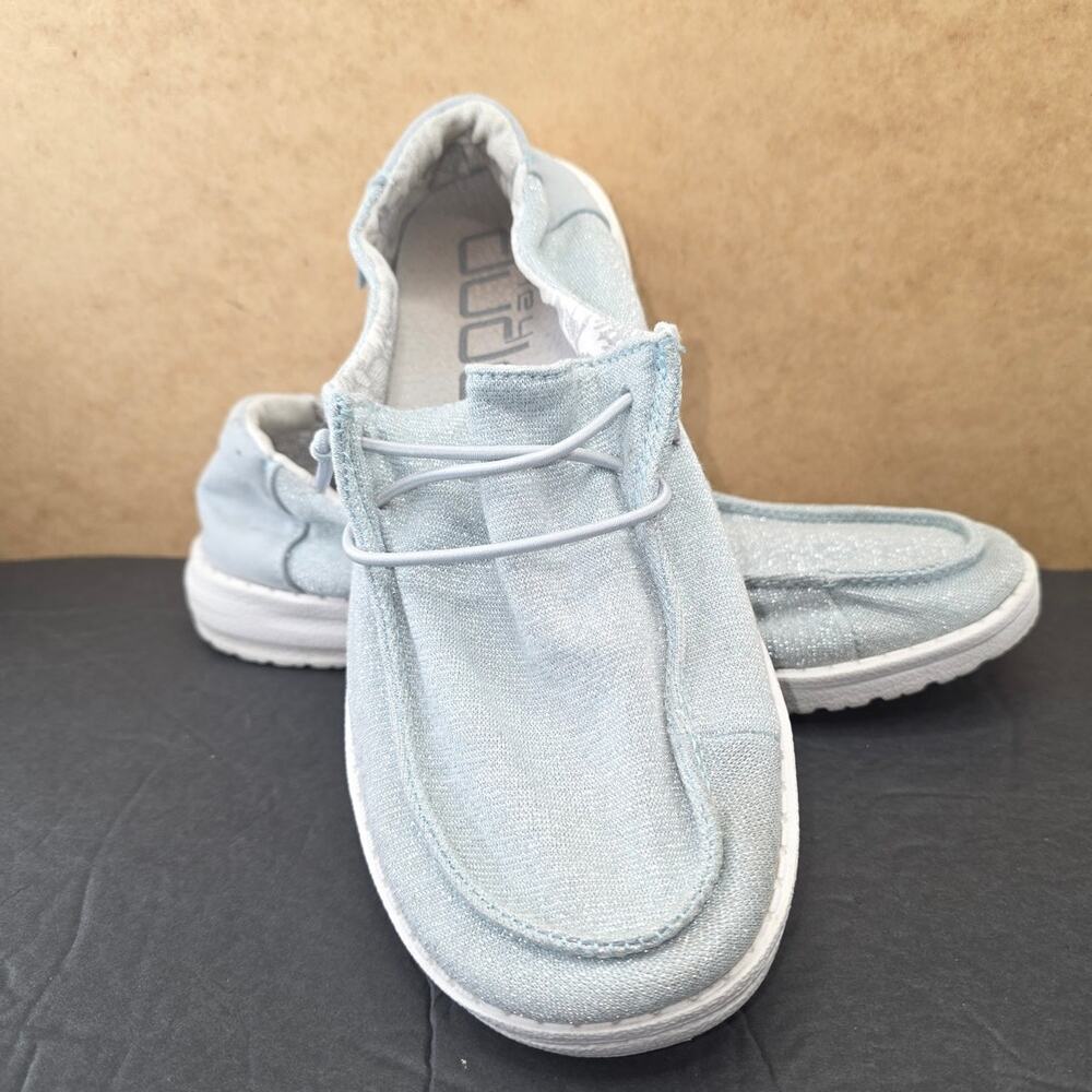 HEYDUDE Women's Wendy Stretch Sparkling Sky Blue slip-on loafers Size 7